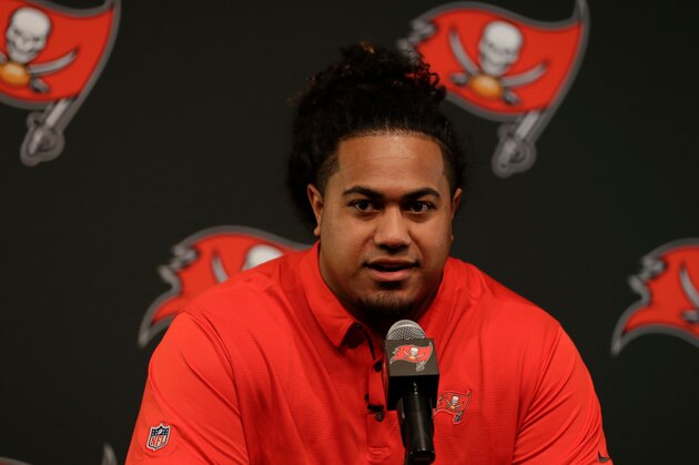 Tampa Bay Buccaneers first-round draft pick Vita Vea meets the media during a news conference Friday, April 27, 2018, in Tampa, Fla. Vea, a defensive lineman, played his college football at Washington. (AP Photo/Chris O'Meara)