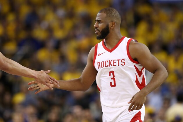 OAKLAND, CA - MAY 22:  Chris Paul #3 of the Houston Rockets reacts after a basket against the Golden State Warriors during Game Four of the Western Conference Finals of the 2018 NBA Playoffs at ORACLE Arena on May 22, 2018 in Oakland, California. NOTE TO USER: User expressly acknowledges and agrees that, by downloading and or using this photograph, User is consenting to the terms and conditions of the Getty Images License Agreement.  (Photo by Ezra Shaw/Getty Images)