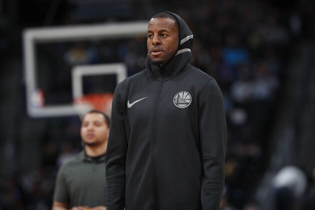 Golden State Warriors forward Andre Iguodala (9) in the first half of an NBA basketball game Saturday, Feb. 3, 2018, in Denver. (AP Photo/David Zalubowski)