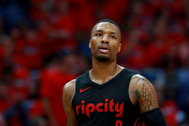 NEW ORLEANS, LA - APRIL 19:  Damian Lillard #0 of the Portland Trail Blazers stands on the court during Game 3 of the Western Conference playoffs against the New Orleans Pelicans at the Smoothie King Center on April 19, 2018 in New Orleans, Louisiana. NOTE TO USER: User expressly acknowledges and agrees that, by downloading and or using this photograph, User is consenting to the terms and conditions of the Getty Images License Agreement.  (Photo by Sean Gardner/Getty Images)
