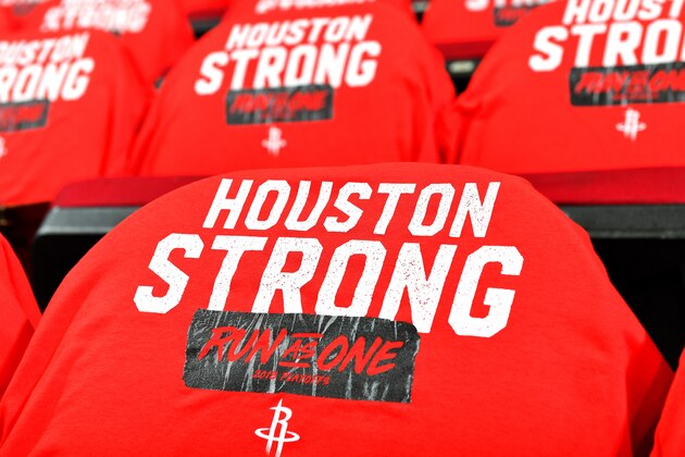 HOUSTON, TX - MAY 24: Shirts are laid out for fans before the game between the Golden State Warriors and the Houston Rockets during Game Five of the Western Conference Finals of the 2018 NBA Playoffs on May 24, 2018 at the Toyota Center in Houston, Texas. NOTE TO USER: User expressly acknowledges and agrees that, by downloading and or using this photograph, User is consenting to the terms and conditions of the Getty Images License Agreement. Mandatory Copyright Notice: Copyright 2018 NBAE (Photo by Jesse D. Garrabrant/NBAE via Getty Images)