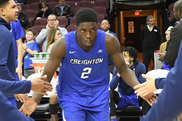 PHILADELPHIA PA- FEBRUARY 01:  Khyri Thomas #2 of the Creighton Bluejays is introduced before a college basketball game against the Villanova Wildcats at the Wells Fargo Arena on February 1, 2018 in Philadelphia, Pennsylvania.  The Wildcats won 98-78.  (Photo by Mitchell Layton/Getty Images)