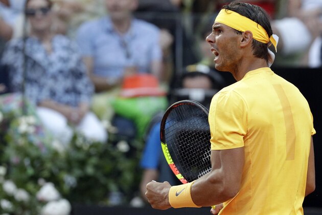 Spain's Rafael Nadal reacts after winning a point to Germany's Alexander Zverev during their final match at the Italian Open tennis tournament in Rome, Sunday, May 20, 2018. (AP Photo/Gregorio Borgia)