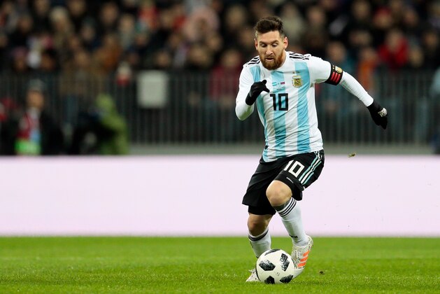 FILE - In this Saturday, Nov. 11, 2017 filer, Argentina's Lionel Messi controls the ball during the international friendly soccer match between Russia and Argentina at Luzhniki stadium in Moscow. (AP Photo/Ivan Sekretarev, File)