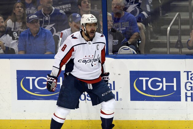 Washington Capitals left wing Alex Ovechkin celebrates a goal against the Tampa Bay Lightning during the first period of Game 7 of the NHL Eastern Conference finals hockey playoff series Wednesday, May 23, 2018, in Tampa, Fla. (AP Photo/Jason Behnken)