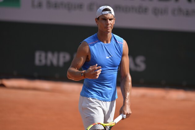 PARIS, FRANCE - MAY 25:  Rafael Nadal of Spain reacts during a training session ahead of the French Open at Roland Garros on May 25, 2018 in Paris, France.  (Photo by Aurelien Meunier/Getty Images)