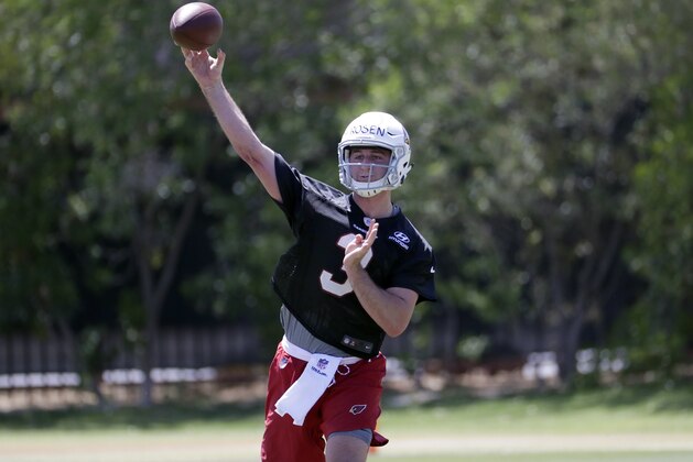 Arizona Cardinals' first-round draft pick Josh Rosen (3) runs drills during football rookie camp Friday, May 11, 2018, in Tempe, Ariz. (AP Photo/Matt York)