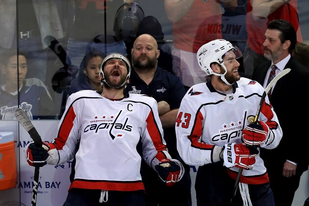 TAMPA, FL - MAY 23:  Alex Ovechkin #8 and Tom Wilson #43 of the Washington Capitals celebrate after defeating the Tampa Bay Lightning in Game Seven of the Eastern Conference Finals during the 2018 NHL Stanley Cup Playoffs at Amalie Arena on May 23, 2018 in Tampa, Florida. The Washington Capitals defeated the Tampa Bay Lightning with a score of 4 to 0.  (Photo by Mike Ehrmann/Getty Images)