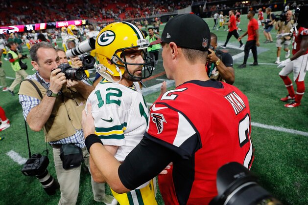 ATLANTA, GA - SEPTEMBER 17:  Aaron Rodgers #12 of the Green Bay Packers talks with Matt Ryan #2 of the Atlanta Falcons after the Falcons defeated the Packers 34-23 at Mercedes-Benz Stadium on September 17, 2017 in Atlanta, Georgia.  (Photo by Kevin C. Cox/Getty Images)