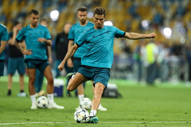 KIEV, UKRAINE - May 25: Cristiano Ronaldo of Real Madrid during the Real Madrid Training Session at the NSC Olimpiyskiy Stadium ahead of the UEFA Champions League final match between Real Madrid and Liverpool on May 25, 2018 in Kiev, Ukraine. (Photo by Matthew Ashton - AMA/Getty Images)