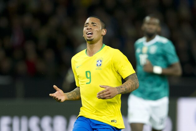 BERLIN, GERMANY - MARCH 27: Gabriel Jesus of Brazil looks dejected during the international friendly match between Germany and Brazil at Olympiastadion on March 27, 2018 in Berlin, Germany. (Photo by TF-Images/Getty Images)