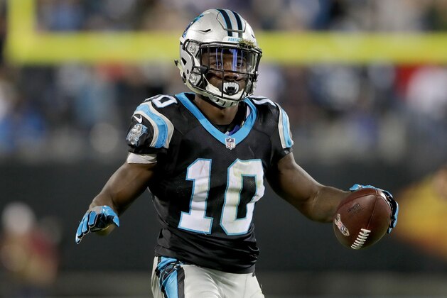 CHARLOTTE, NC - NOVEMBER 13:  Curtis Samuel #10 of the Carolina Panthers reacts after a play against the Miami Dolphins during their game at Bank of America Stadium on November 13, 2017 in Charlotte, North Carolina.  (Photo by Streeter Lecka/Getty Images)