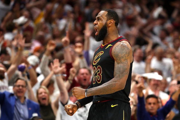 CLEVELAND, OH - MAY 25:  LeBron James of the Cleveland Cavaliers reacts after a basket in the fourth quarter against the Boston Celtics during Game Six of the 2018 NBA Eastern Conference Finals at Quicken Loans Arena on May 25, 2018 in Cleveland, Ohio. NOTE TO USER: User expressly acknowledges and agrees that, by downloading and or using this photograph, User is consenting to the terms and conditions of the Getty Images License Agreement.  (Photo by Gregory Shamus/Getty Images)