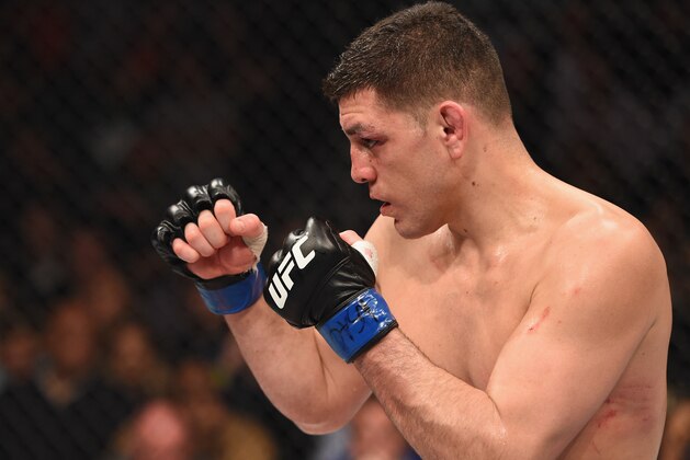 LAS VEGAS, NV - JANUARY 31:  Nick Diaz battles Anderson Silva (not pictured) in their middleweight bout during the UFC 183 event at the MGM Grand Garden Arena on January 31, 2015 in Las Vegas, Nevada.  (Photo by Josh Hedges/Zuffa LLC/Zuffa LLC via Getty Images)