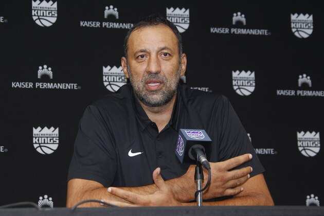 SACRAMENTO, CA - JUNE 24: General Manager Vlade Divac of the Sacramento Kings addresses the media at a press conference on September 27, 2017 at the Golden 1 Center in Sacramento, California. NOTE TO USER: User expressly acknowledges and agrees that, by downloading and/or using this Photograph, user is consenting to the terms and conditions of the Getty Images License Agreement. Mandatory Copyright Notice: Copyright 2017 NBAE (Photo by Rocky Widner/NBAE via Getty Images)