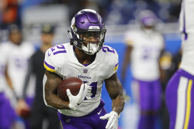 Minnesota Vikings running back Jerick McKinnon (21) runs before an NFL football game against the Detroit Lions in Detroit, Thursday, Nov. 23, 2017. (AP Photo/Paul Sancya)