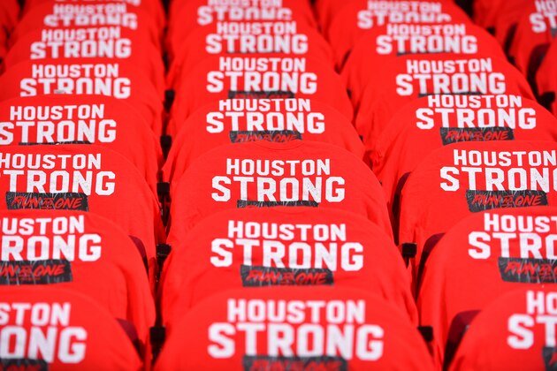 HOUSTON, TX - MAY 24: Shirts are laid out for fans before the game between the Golden State Warriors and the Houston Rockets during Game Five of the Western Conference Finals of the 2018 NBA Playoffs on May 24, 2018 at the Toyota Center in Houston, Texas. NOTE TO USER: User expressly acknowledges and agrees that, by downloading and or using this photograph, User is consenting to the terms and conditions of the Getty Images License Agreement. Mandatory Copyright Notice: Copyright 2018 NBAE (Photo by Jesse D. Garrabrant/NBAE via Getty Images)