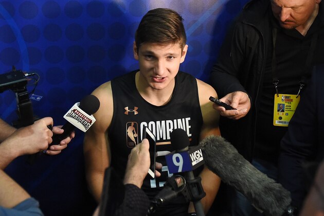 CHICAGO, IL - MAY 17:  Grayson Allen #23 speaks with reporters during Day One of the NBA Draft Combine at Quest MultiSport Complex on May 17, 2018 in Chicago, Illinois.  NOTE TO USER: User expressly acknowledges and agrees that, by downloading and or using this photograph, User is consenting to the terms and conditions of the Getty Images License Agreement.  (Photo by Stacy Revere/Getty Images)