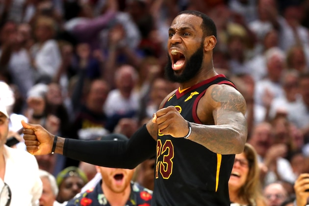 CLEVELAND, OH - MAY 25:  LeBron James of the Cleveland Cavaliers reacts after a basket in the fourth quarter against the Boston Celtics during Game Six of the 2018 NBA Eastern Conference Finals at Quicken Loans Arena on May 25, 2018 in Cleveland, Ohio. NOTE TO USER: User expressly acknowledges and agrees that, by downloading and or using this photograph, User is consenting to the terms and conditions of the Getty Images License Agreement.  (Photo by Gregory Shamus/Getty Images)