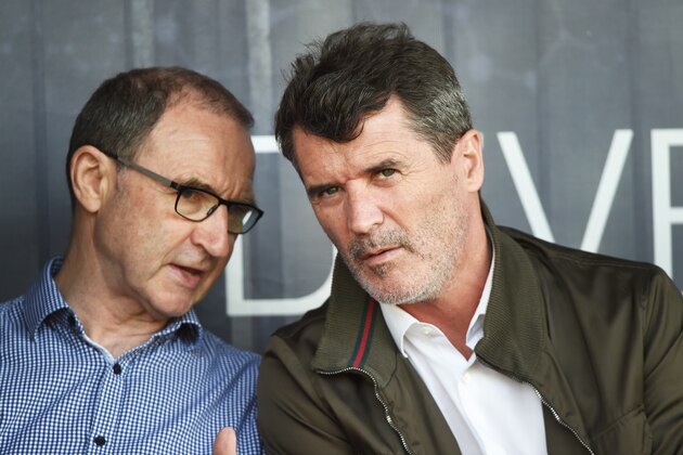 BURTON-UPON-TRENT, ENGLAND - MAY 08: Martin O'Neill first team manager of Republic of Ireland and his assistant Roy Keane look on during the UEFA European Under-17 Championship match between Republic of Ireland and Denmark at St Georges Park on May 8, 2018 in Burton-upon-Trent, England. (Photo by Nathan Stirk/Getty Images)