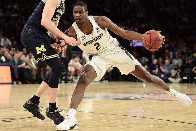 NEW YORK, NY - MARCH 03: Jaren Jackson Jr. #2 of the Michigan State Spartans drives to the basket against the Michigan Wolverines during the semifinals of the Big Ten Basketball Tournament at Madison Square Garden on March 3, 2018 in New York City. The Michigan Wolverines defeated the Michigan State Spartans 75-64.  (Photo by Steven Ryan/Getty Images)