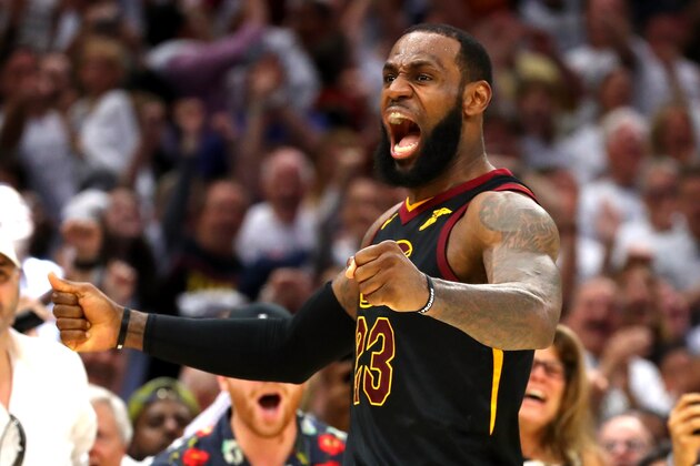 CLEVELAND, OH - MAY 25:  LeBron James of the Cleveland Cavaliers reacts after a basket in the fourth quarter against the Boston Celtics during Game Six of the 2018 NBA Eastern Conference Finals at Quicken Loans Arena on May 25, 2018 in Cleveland, Ohio. NOTE TO USER: User expressly acknowledges and agrees that, by downloading and or using this photograph, User is consenting to the terms and conditions of the Getty Images License Agreement.  (Photo by Gregory Shamus/Getty Images)