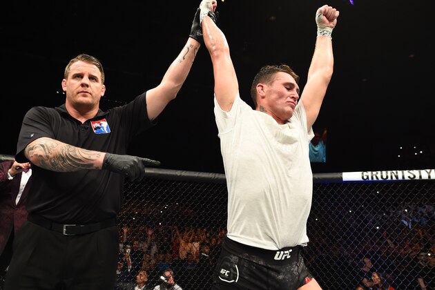 LIVERPOOL, ENGLAND - MAY 27:  Darren Till of England celebrates his victory over Stephen Thompson in their welterweight bout during the UFC Fight Night event at ECHO Arena on May 27, 2018 in Liverpool, England. (Photo by Josh Hedges/Zuffa LLC/Zuffa LLC via Getty Images)