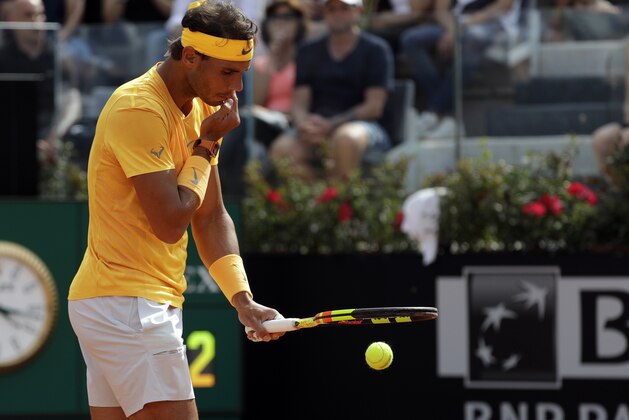 Spain's Rafael Nadal prepares to serve to Germany's Alexander Zverev during their final match at the Italian Open tennis tournament in Rome, Sunday, May 20, 2018. (AP Photo/Gregorio Borgia)