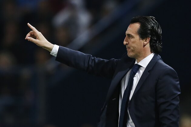 Paris Saint-Germain's Spanish headcoach Unai Emery reacts during the French L1 football match between Caen (SMC) and Paris (PSG) on May 19, 2018, at the Michel d'Ornano stadium, in Caen, northwestern France. (Photo by CHARLY TRIBALLEAU / AFP)        (Photo credit should read CHARLY TRIBALLEAU/AFP/Getty Images)