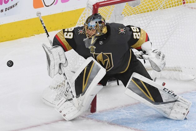 LAS VEGAS, NV - MAY 18:  Marc-Andre Fleury #29 of the Vegas Golden Knights watches the puck sail wide of the net in the second period of Game Four of the Western Conference Finals against the Winnipeg Jets during the 2018 NHL Stanley Cup Playoffs at T-Mobile Arena on May 18, 2018 in Las Vegas, Nevada. The Golden Knights won 3-2.  (Photo by Ethan Miller/Getty Images)