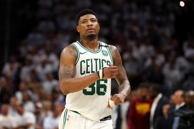 CLEVELAND, OH - MAY 25:  Marcus Smart #36 of the Boston Celtics looks on after being defeated by the Cleveland Cavaliers during Game Six of the 2018 NBA Eastern Conference Finals at Quicken Loans Arena on May 25, 2018 in Cleveland, Ohio. NOTE TO USER: User expressly acknowledges and agrees that, by downloading and or using this photograph, User is consenting to the terms and conditions of the Getty Images License Agreement.  (Photo by Gregory Shamus/Getty Images)