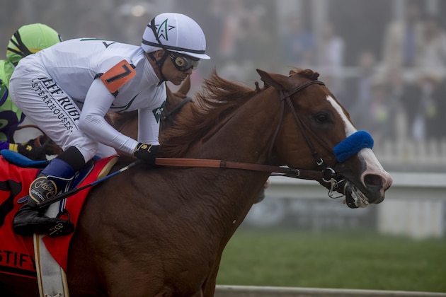 BALTIMORE, MD - MAY 19: Justify, #7, ridden by jockey Mike Smith, wins the 143rd running of the Preakness Stakes at Pimlico Race Course on May 19, 2018 in Baltimore, Maryland (Photo by Jesse Caris/Eclipse Sportswire/Getty Images)