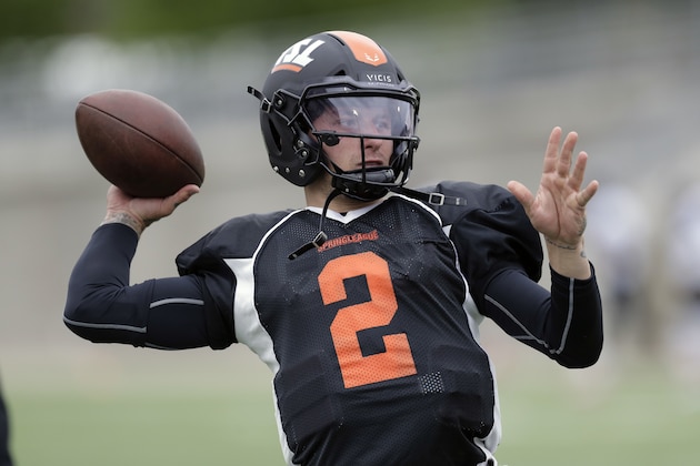 Former Heisman Trophy-winning quarterback Johnny Manziel (2) prepares for a developmental Spring League game, Saturday, April 7, 2018, in Austin, Texas. Manziel is hoping to impress NFL scouts in his bid to return to the league. (AP Photo/Eric Gay)
