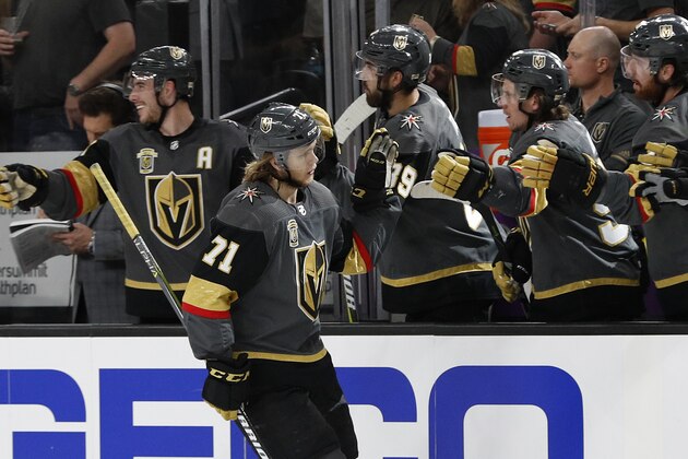 Vegas Golden Knights center William Karlsson (71) celebrates after scoring against the San Jose Sharks during the first period of Game 2 of an NHL hockey second-round playoff series, Saturday, April 28, 2018, in Las Vegas. (AP Photo/John Locher)