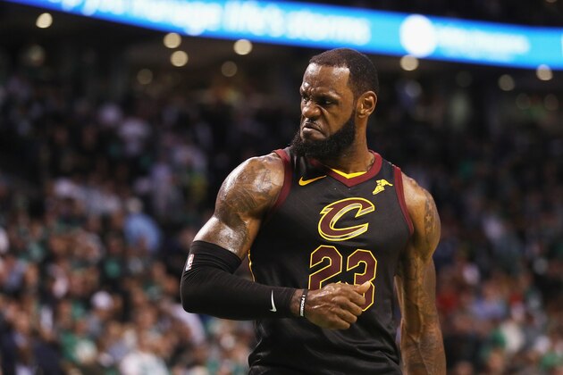 BOSTON, MA - MAY 27:  LeBron James #23 of the Cleveland Cavaliers reacts in the second half against the Boston Celtics during Game Seven of the 2018 NBA Eastern Conference Finals at TD Garden on May 27, 2018 in Boston, Massachusetts. NOTE TO USER: User expressly acknowledges and agrees that, by downloading and or using this photograph, User is consenting to the terms and conditions of the Getty Images License Agreement.  (Photo by Maddie Meyer/Getty Images)