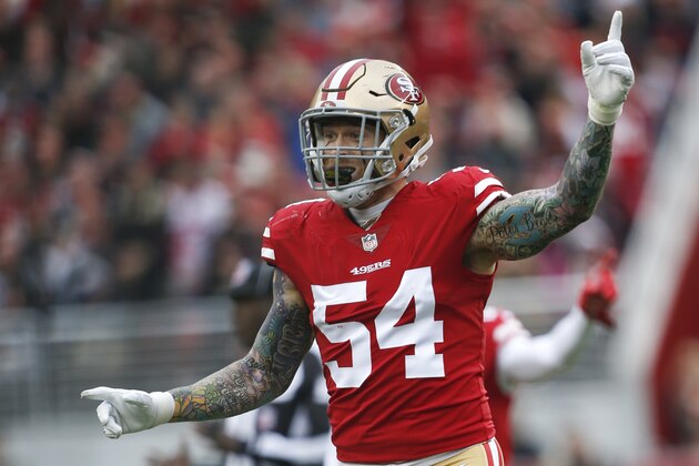 SANTA CLARA, CA - DECEMBER 24: Cassius Marsh #54 of the San Francisco 49ers celebrates a turnover during the game against the Jacksonville Jaguars at Levi's Stadium on December 24, 2017 in Santa Clara, California. The 49ers defeated the Jaguars 44-33. (Photo by Michael Zagaris/San Francisco 49ers/Getty Images)