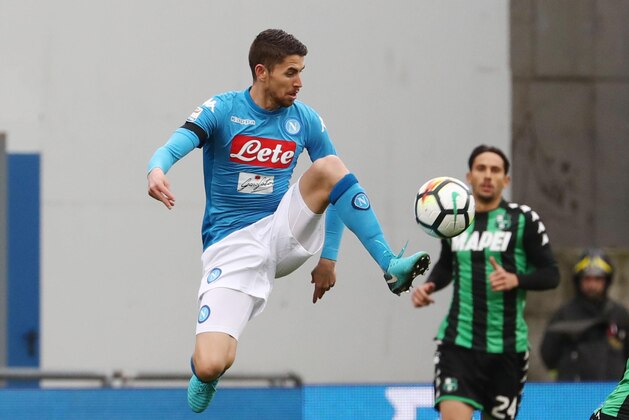 Napoli's Jorginho receives the ball during the Italian Serie A soccer match between Sassuolo and Napoli at the Mapei Stadium in Reggio Emilia, Italy, Saturday, March 31, 2018. (Elisabetta Baracchi/ANSA via AP)