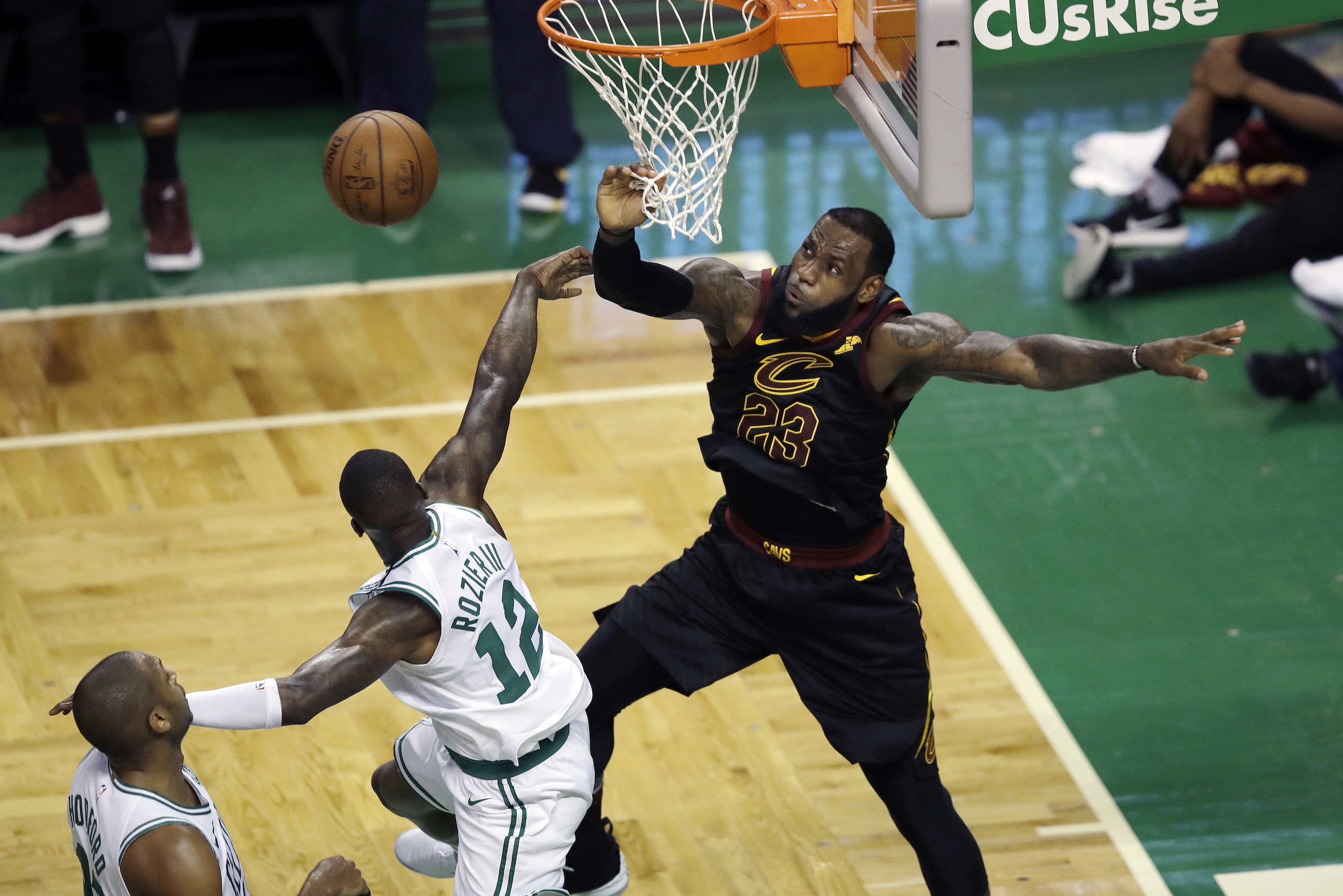 Cleveland Cavaliers forward LeBron James blocks a shot by Boston Celtics guard Terry Rozier (12) during the second half in Game 7 of the NBA basketball Eastern Conference finals, Sunday, May 27, 2018, in Boston. (AP Photo/Charles Krupa)