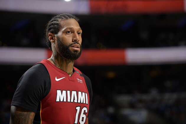 PHILADELPHIA, PA - APRIL 24:  James Johnson #16 of the Miami Heat looks on during the game against the Philadelphia 76ers in Game Five of Round One of the 2018 NBA Playoffs on April 24, 2018 at the Wells Fargo Center in Philadelphia, Pennsylvania. NOTE TO USER: User expressly acknowledges and agrees that, by downloading and/or using this Photograph, user is consenting to the terms and conditions of the Getty Images License Agreement. Mandatory Copyright Notice: Copyright 2018 NBAE (Photo by David Dow/NBAE via Getty Images)