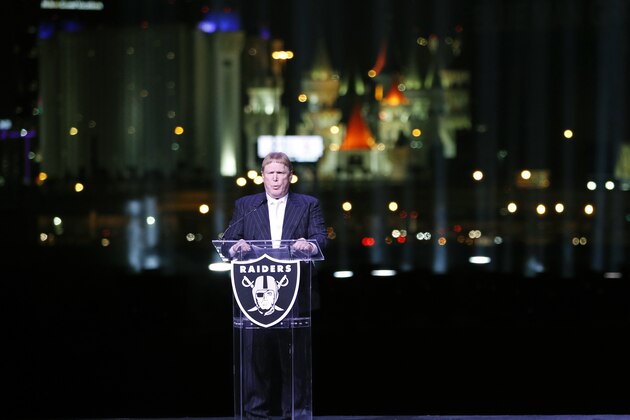 Oakland Raiders owner Mark Davis speaks during a ceremonial groundbreaking for the Oakland Raiders' stadium Monday, Nov. 13, 2017, in Las Vegas. (AP Photo/John Locher)