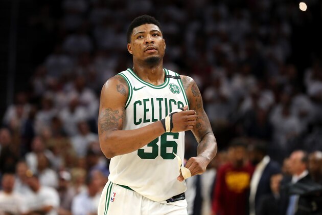CLEVELAND, OH - MAY 25:  Marcus Smart #36 of the Boston Celtics looks on after being defeated by the Cleveland Cavaliers during Game Six of the 2018 NBA Eastern Conference Finals at Quicken Loans Arena on May 25, 2018 in Cleveland, Ohio. NOTE TO USER: User expressly acknowledges and agrees that, by downloading and or using this photograph, User is consenting to the terms and conditions of the Getty Images License Agreement.  (Photo by Gregory Shamus/Getty Images)