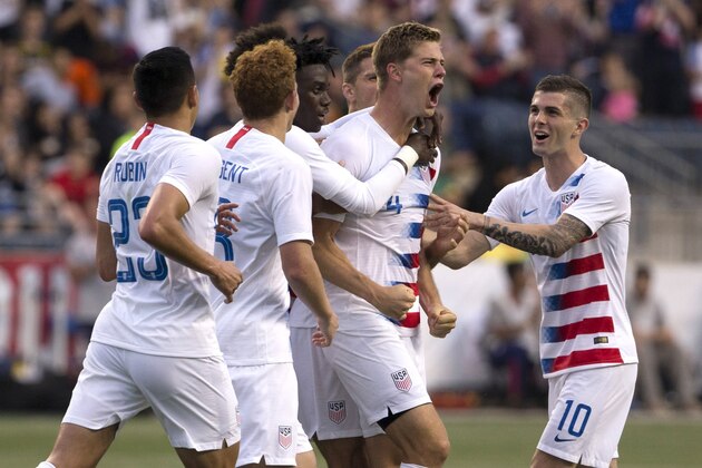 CHESTER, PA - MAY 28: Walker Zimmerman #4 of the United States celebrates with Rubio Rubin #23, Josh Sargent #13, Tim Weah #11, and Christian Pulisic #10 after scoring a goal in the first half of the friendly soccer match against Bolivia at Talen Energy Stadium on May 28, 2018 in Chester, Pennsylvania. (Photo by Mitchell Leff/Getty Images) CHESTER, PA - MAY 28: Walker Zimmerman #4 of the United States celebrates with Rubio Rubin #23, Josh Sargent #13, Tim Weah #11, and Christian Pulisic #10 after scoring a goal in the first half of the friendly soccer match against Bolivia at Talen Energy Stadium on May 28, 2018 in Chester, Pennsylvania. (Photo by Mitchell Leff/Getty Images)