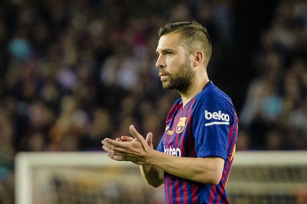 BARCELONA, SPAIN - MAY 20: Jordi Alba of FC Barcelona gestures during the La Liga match between Barcelona and Real Sociedad at Camp Nou on May 20, 2018 in Barcelona, . (Photo by Power Sport Images/Getty Images)