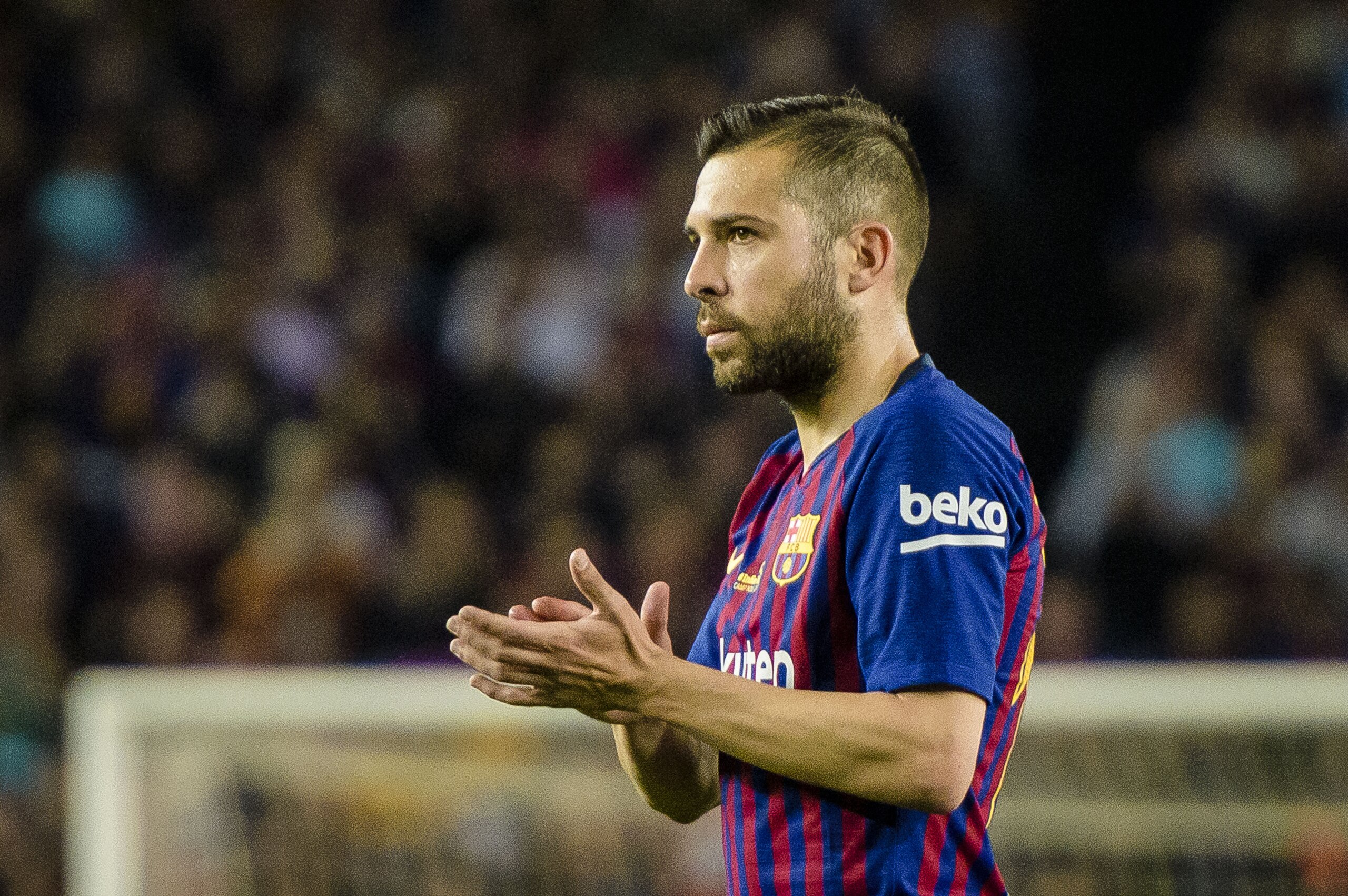 BARCELONA, SPAIN - MAY 20: Jordi Alba of FC Barcelona gestures during the La Liga match between Barcelona and Real Sociedad at Camp Nou on May 20, 2018 in Barcelona, . (Photo by Power Sport Images/Getty Images) BARCELONA, SPAIN - MAY 20: Jordi Alba of FC Barcelona gestures during the La Liga match between Barcelona and Real Sociedad at Camp Nou on May 20, 2018 in Barcelona, . (Photo by Power Sport Images/Getty Images)