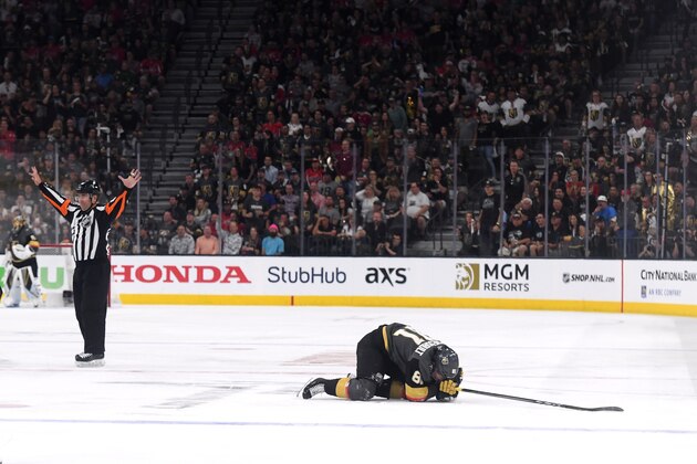 LAS VEGAS, NV - MAY 28:  Jonathan Marchessault #81 of the Vegas Golden Knights is injured on the ice against the Washington Capitals during the third period in Game One of the 2018 NHL Stanley Cup Final at T-Mobile Arena on May 28, 2018 in Las Vegas, Nevada.  (Photo by Harry How/Getty Images)