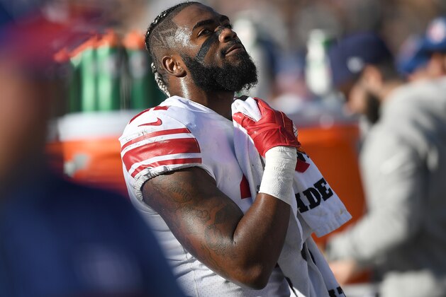 OAKLAND, CA - DECEMBER 03:  Landon Collins #21 of the New York Giants looks on from the sidelines against the Oakland Raiders during their NFL football game at Oakland-Alameda County Coliseum on December 3, 2017 in Oakland, California.  (Photo by Thearon W. Henderson/Getty Images)