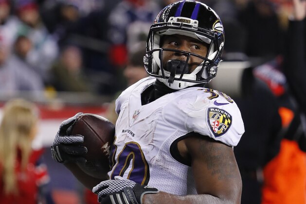 Baltimore Ravens running back Kenneth Dixon runs against the New England Patriots during an NFL football game at Gillette Stadium in Foxborough, Mass. Monday, Dec. 12, 2016. (Winslow Townson/AP Images for Panini)