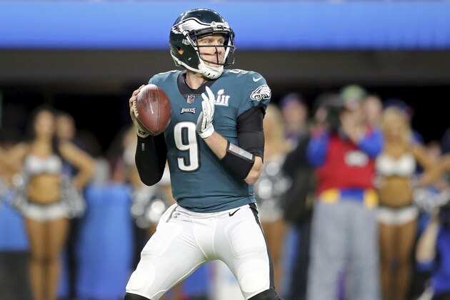 Philadelphia Eagles quarterback Nick Foles in action against the New England Patriots at Super Bowl 52 on Sunday, February 4, 2018 in Minneapolis. Philadelphia won the game 41-33.(AP Photo/Gregory Payan)