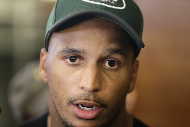 New York Jets' Jermaine Kearse talks to reporters after a practice at the NFL football team's training camp in Florham Park, N.J., Tuesday, May 29, 2018. (AP Photo/Seth Wenig)