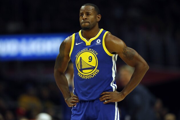 Golden State Warriors forward Andre Iguodala is seen during the first half of an NBA basketball game against the Los Angeles Clippers, Monday, Oct. 30, 2017, in Los Angeles. (AP Photo/Ryan Kang)